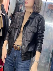 แจ็คเก็ตหนัง PU สำหรับผู้หญิง ฤดูใบไม้ผลิ 2025 แจ็คเก็ตหนังสั้นลำลองสไตล์เกาหลี แจ็คเก็ตหนังคอปกสูท แจ็คเก็ตหนังสุดเทรนด์