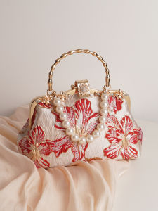 New Chinese Style Wedding Handbag for Women Matched with Cheongsam Wedding Dress Small Square Bag Soft Fabric Pearl Decor