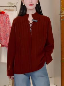 Chic Loose Womens Knitwear Wine Red Color Commute Friendly Korean Style Autumn New Fashionable Versatile Top for All Body Types