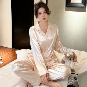 2 Piece Set Simple Lapel Cardigan Pajamas Long Sleeve Trousers Solid Color Loungewear Large Pyjama Set Romantic Women Nightwear