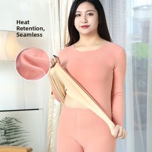 plus Size Seamless Thermal Underwear Set Womens Integrated Warm Fleece Autumn Clothes Pants Thickened Long Sleeve round Neck