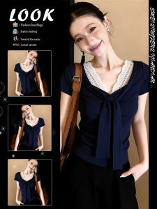 Design Lacy Cape Short Sleeve T-shirt Summer Sweet-Spicy Style Crop Top