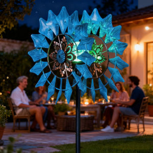 Garden Wrought Iron Decorative Windmill Solar-Powered Gradient Color Lighting Rotates with Wind Power No Electricity Required