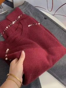 Autumn Winter New Style Womens Knitted Sweater Heavy Embroidery Angra Red Career Straight Fit Long Sleeve Warmth Emitting