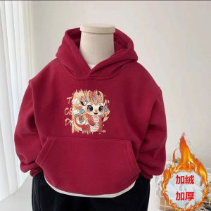 Fleece Lined Hoodie Kids Cartoon Snake Letter Print New Year Versatile Cool Trendy Boys Girls Clothing Cotton Polyester Blend