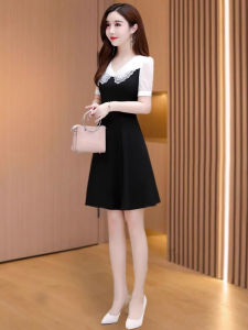 MAIMEI | Elegant Summer Chiffon Dress Womens High Waist A-Line Skirt Short Sleeve Korean Style Commute Polyester Fiber Midi Dress