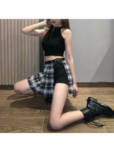 กระโปรงสั้นจีบเอวสูงทรงเอผู้หญิง กระโปรงสั้นลายสก็อตทรงเข้ารูป กระโปรงสั้นทรงเอเข้ารูป ฤดูใบไม้ผลิ 2024 สินค้าใหม่