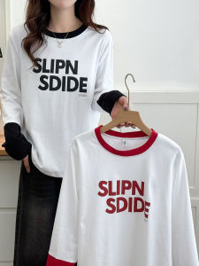 Áo Thun Cotton in Chữ Cỡ Lớn Mùa Xuân 2025 Cho Nữ Áo Lót Cotton Dài Tay Cổ Tròn Dáng Rộng Mặc Trong Che Bụng