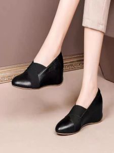 Pure Leather Comfortable Womens Single Shoes Deep Mouth Fashionable Large Size Slip-On round Toe Daily Wear High Heel