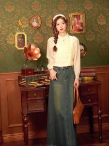 AMMIN 2024 Autumn New simple stand collar fashion vintage disc button design single breasted long sleeve chiffon shirt Womans new Chinese elegance exquisite positioning embroidery floral elegant blouse
