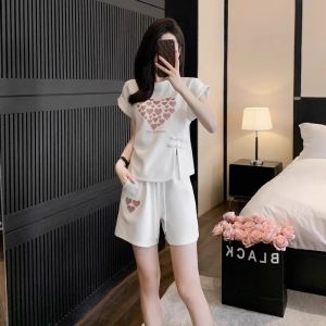 New Chinese Style Womens Fashion Sportswear Short Sleeve T-Shirt Shorts Set Button Design Cotton round Neck Casual Summer Outfit