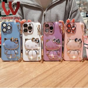 Fashion Cute 3D hello kitty cosmetic mirror Stand holder Phone Casing For VIVO V27 V27E V7 Y36 Y21 Y21S Y33S Y21A Y21T Y33T Y35 Y16 Y02 Y02T Y02A Y02T Y02S Y22 Y22S Y27 V25 V25E V29 V29E smooth Gold Plating Soft silicone back cover+Lanyard