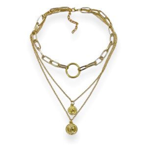 Lindsay Triple Layer Chain Coin Necklace Kalung Multilayer Tiga Lapis Rantai Oval Lingkaran Koin Circle Gaya Punk Retro