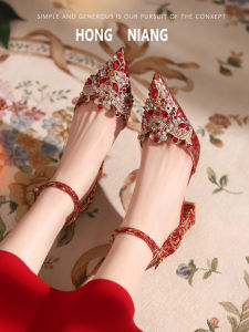 รองเท้าแต่งงานส้นสูงสำหรับผู้หญิง รองเท้าแตะส้นหนา สายรัดข้างเดียว ทรงหัวแหลม สำหรับใส่ในงานแต่งงานและฤดูใบไม้ผลิ