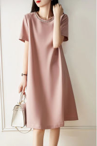 Koja Summer 2025 Womens Loose Waist Midi Dress Pink Beaded Straight Skirt Korean Style Commute Polyester Fiber Short Sleeve