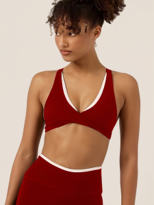 QIJINXIANGMEI | Cross V-neck Color Block Padded High Waist Quick-drying Sports Bra