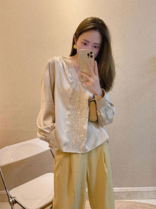 YUFUQING | Fashionable Spring Shirt Womens Loose Long Sleeve Lace Splice V-Neck Chiffon Base Shirt Stylish Trendy Polyester Fiber 100%