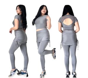 Setelan Legging Rok Serut Crop Back tile Untuk Senam gym fitness Zumba
