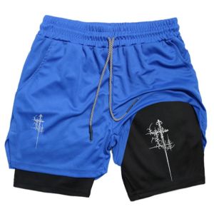 Cross Sword Print 2 in 1 Gym Workout Shorts for Men Quick Dry Stretchy Athletic Compression Shorts Fitness Running Jogging