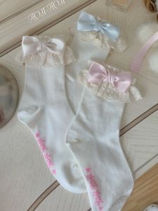 Sweet Style Roji Cotton Socks for Women Lolita Lace Trim Short Cylinder Spring Summer Butterfly Knot Leg Shaping