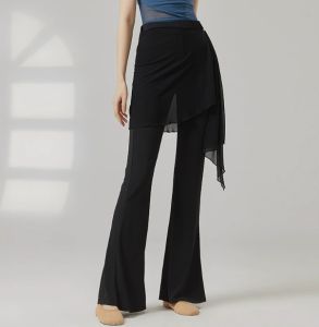 Modern Dance Pant Women Long Microflared Latin Trousers Mesh Wrap Skirt Classical Practice Costume Stage Line Dancewear Female