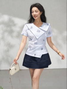 KEIKO | Asymmetric Design Striped Embroidered Short Sleeve Shirt