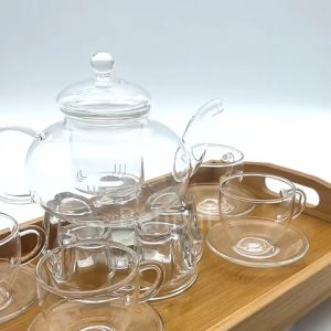 Glass Tea Set- Borosilicate Glass Teapot With Heart Shape Tea Warmer and 100 ml 4 Tea Cups with Saucer for Blooming Tea