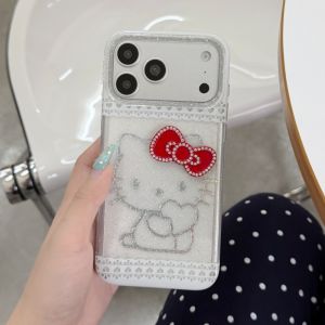 Sanrio | Cute Lace Glitter Laser Hello Kitty Phone Case Diamond Bow Soft Shockproof Cover For iPhone 16 15 17 Pro Max Girly Sweet Style