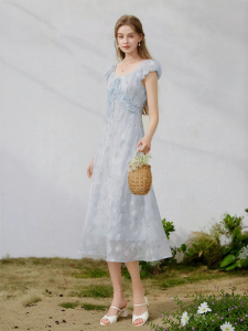 XIANGYING | Đầm Dạo Phố Giảm Eo Hoa Ombre Xanh