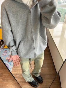 Mens Zipper Hooded Cardigan Fleece Lined Thickened Casual Outerwear Vintage American Style Spring Autumn Winter Loose Fit