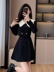 Váy Ngắn Chữ a Dài Tay Thanh Lịch Kiểu Pháp Giảm Tuổi Cho Phụ Nữ Nhỏ Nhắn Váy Dài Tay Bó Eo Giả Hai Mảnh Mùa Thu