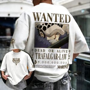 Bandai | 2026 Summer One Piece Trafalgar Law Wanted Print Vintage Cotton Short Sleeve T-Shirt Adult Kids Sport Harajuku Top Anime Fans