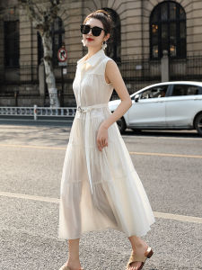 Elegant Hepburn Style Womens Dress Slimming Waist Design Sleeveless Long Length X-Shape Silhouette Cotton Blend Fabric