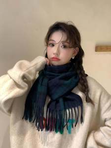 Black White British Style Cashmere Atmosphere Plaid Scarf Autumn Winter New Korean Version Versatile Shoulder Wrap Warm Double-Sided Neck Warmer