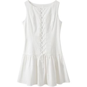 SOLWEIGE | Limited Edition Short Lace Embroidered Cotton Blend Puffy Dress Womens Designer Style Natural Waist Tie Design Summer Dress