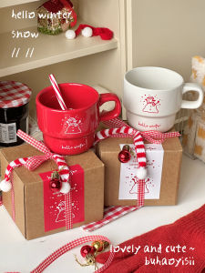 Original Winter Red Christmas Snowman Stackable Mug Hand-Painted Korean Style Breakfast Cup Student Ceramic Cup Gift