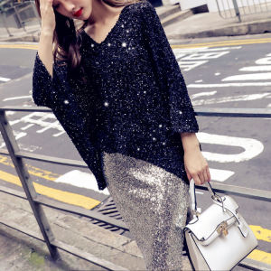Shiny Sequin Knit Loose Cowl Neck Batwing Sweater Womens New Luxury Fashion Casual Elegant V-Neck Nine Sleeve Length