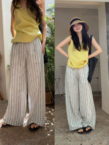 Comfortable Cotton Striped Printed Casual Pants Womens Loose Fit Straight Leg Summer Trousers Breathable Commute Style