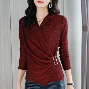 Shiny Silk Waist-Cinching Long Sleeve Cross-Neck Base Shirt for Women Spring Autumn Style Slimming Maternity Top Fashionable Motherwear