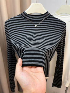 Slim Fit Long Sleeve Striped Base Shirt High Neck Womens Korean Style T-Shirt Sweat Absorbent Regular Shoulder Unique Top