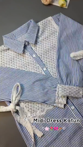 Baju Midi Dres Jumbo Ukuran M L XL XXL | Arisa Midi Dres | Gamis Dres Wanita Dewasa Bahan Katun Salur Mix Brukat Import Terbaru