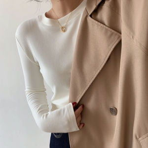 Womens Double-sided Fleece Long Sleeve round Neck T-shirt Inner Wear Autumn Winter Brushed Base Shirt Korean Style White