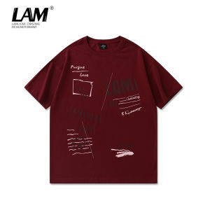 LAMLICKA American Retro Print round Neck Short Sleeve Mens Spring Summer Loose Shoulder T-Shirt Couples Casual Cotton Tee