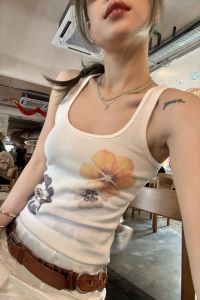 Natural Series Digital Direct Spray Watercolor Floral Print U-Neck Ribbed Knit Workwear Tank Top Womens Cotton Blend Elastic Fiber