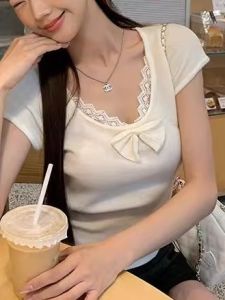 Áo Thun Nữ Mùa Hè Thường Ngày Cổ Tròn Tay Ngắn Ren Thắt Nút Bướm Dệt Kim Thon Gọn Chất Liệu Polyester Phong Cách Hàn Quốc