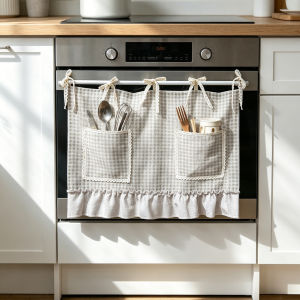 Vintage Plaid Oven Skirt Curtain with Pocket Valance Dust Proof Storage Half Window Drapes Tab Top for Dishwashers Kitchen Decor