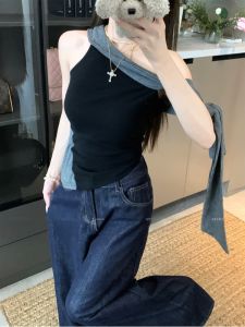 GUZILIAN | Summer Pure Desire Sweet Spicy Color Block Shoulder Bared Sleeveless Womens T-Shirt With Sash Uneven Hemline Top Korean Style