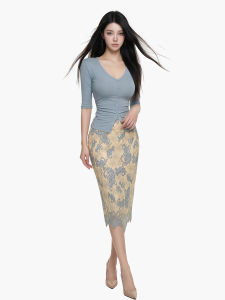 qiaocong | Slimming French Style V-neck Mid-sleeve T-shirt Lace Dress Two-piece Set