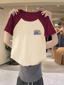 2025 New Womens Short Sleeve Slim Fit T-Shirt Shoulder Insertion Patchwork Summer Sweet And Spicy Short Style Commute Korean Version