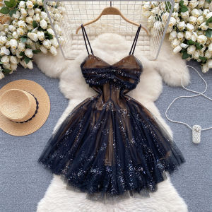 ชุดเดรสยาวคลุมเข่าสไตล์ฝรั่งเศส กระโปรงเจ้าหญิง กระโปรงสั้นผ้าตาข่าย ชุดราตรี ชุดเดรสผู้หญิง